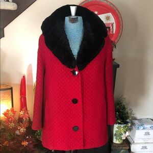 Elegant Red Coat with Black faux fur collar